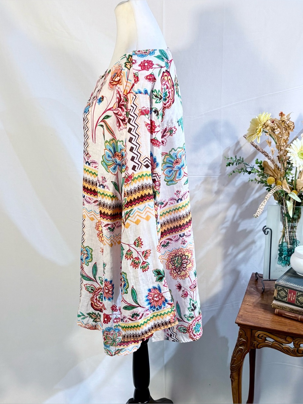 H Halston 100% Linen Floral Boho Button Front Roll Tab Sleeve Tunic Top 3X💚 - Picture 5 of 10